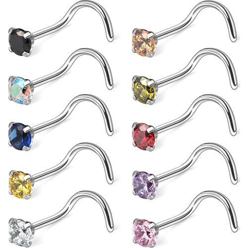 JFORYOU 10PCS 18G Nose Stud Rings Nose Screw Piercing Surgical Steel Mix Color CZ Nose Ring Body Jewelry 1.5mm 2mm 2.5mm 3mm