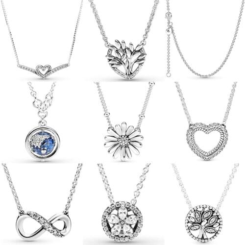 100% 925 Sterling Silver Sparkling Heart Wishbone Globe Family Tree Daisy Flower Collier Necklace Fit Fashion Charm Diy Jewelry