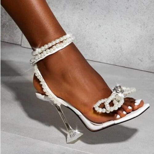 2021 European New Transparent With Pearl Rhinestone Beaded Bow Tie Sandals Wedding Shoes