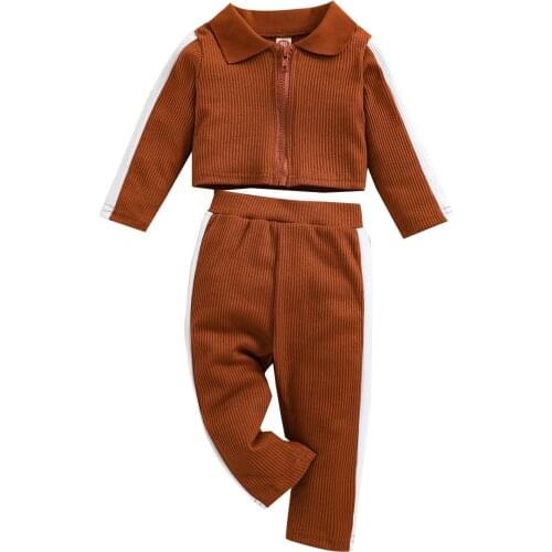 2021 0-5Y Sport Toddler Girl Clothing Turn-down Collar Striped Long Sleeve Zipper Crop Top Jackets+Pants Brown Casual Fall 2pcs