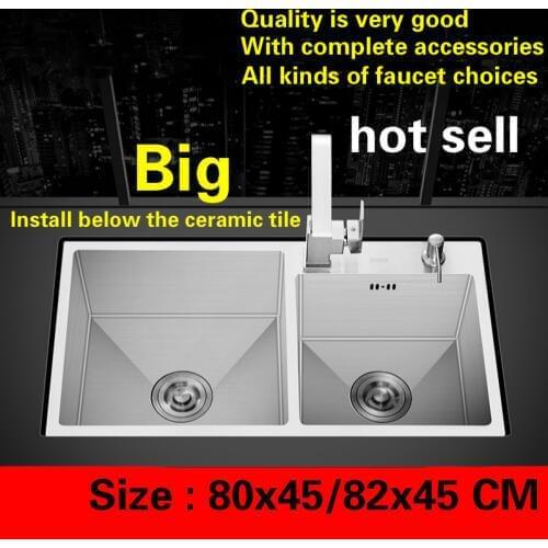 Free shipping Hot sell luxury kitchen manual sink double groove durable food grade 304 stainless steel standard 80x45/82x45 CM