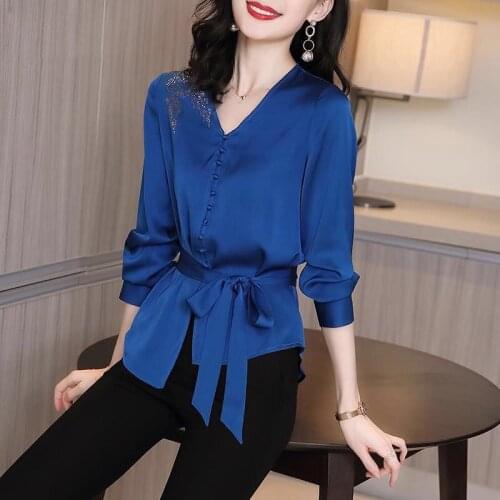 2020 Spring Fall Fashion Womens Glitters V Neck Bow Belt Long Sleeve Imitation Silk Blouse , Woman 3xl Elegant Op Shirt Blouses