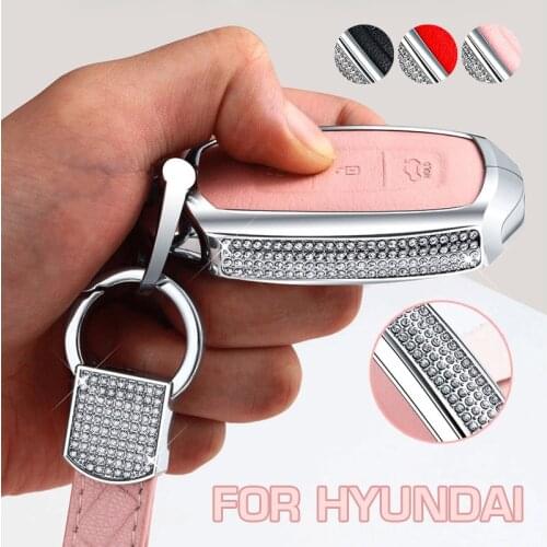 Diamond Leather Car Key Case For Hyundai Elantra GT Kona 2018 2019 Santa Fe Veloster Smart Remote Fob Cover Protector Bag