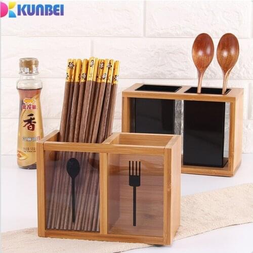 KUNBEI Wooden Kitchenware 2 Lattice Container Storage Jar Spoon Chopstick Holder Tableware Tool Kitchen Gadget Set Accessories