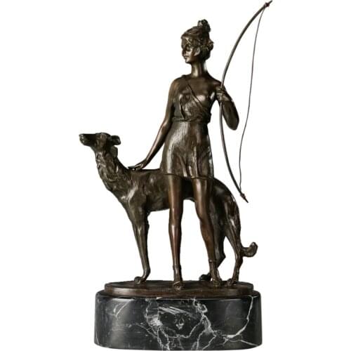 Diana ( Greek Artemis ) Statue Bronze & Green Goddess of Hunting and Moon Figurine Home Decor Antique Sculpture Art