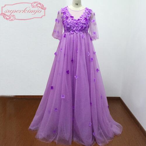 Actual Image Maternity Evening Dresses Gowns Floor Length Sheer Crew Neckline Hand Made Flowers Empire Purple Prom Dresses Real
