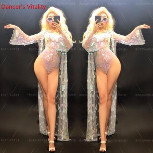 Slap-up Nightclub Stage Wear Sexy Perspective Grenadine Body Suit DS Female DJ Pole Jazz Dance Performance Clothes Costume Outfi