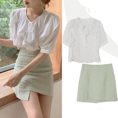 Korean Suit Women French Retro Suit Ruffled Chiffon Shirt + Irregular Hip Skirt Two-piece Suit