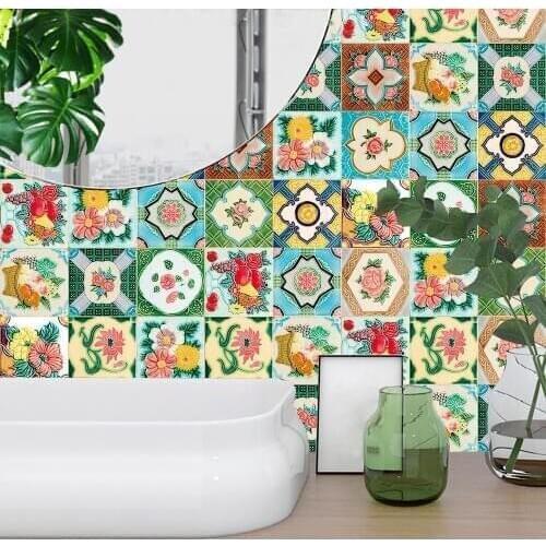 Colorful Flowers Pattern Strip Tiles Floor Wall Sticker Kitchen Furniture Renovation Decor Wallpaper Peel & Stick PVC Art Mural