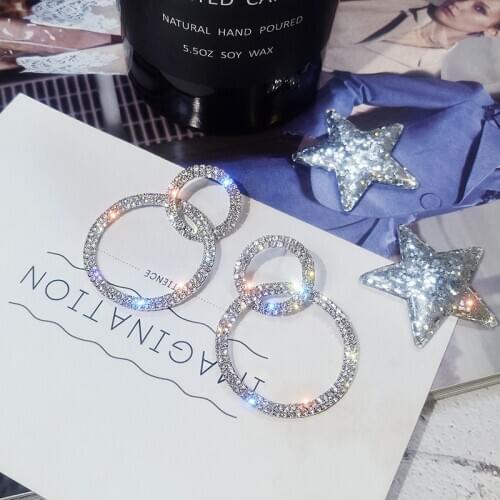 Annular Round Hoop Woman Earrings Double ring Rhinestone Office career Fashion Shining Korean Earrings Jewellery Gift