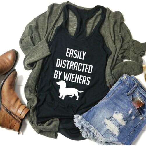 Easily Distracted By Wieners Tank Funny Dog Mom Gift Tops Cute Women Sleeveless Dachshund Lover Graphic Tanks Dropshipping