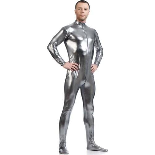 Fashion Sexy Skinny Shiny Metallic PU Jumpsuit 2021 Leather Zipper Turtleneck Club Outfits Men One Piece Stretchable Clothing