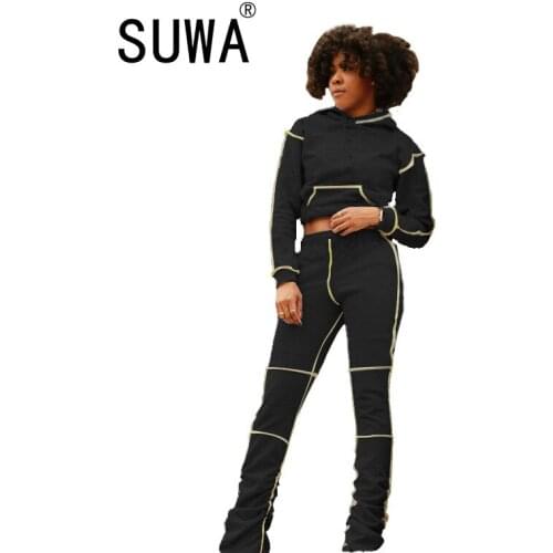 Trendy Chic Striped Jogger Women Set Clothing Long Sleeve Hoodies Top And High Waist Stacked Legging Cool Girl Sexy Club Outfits
