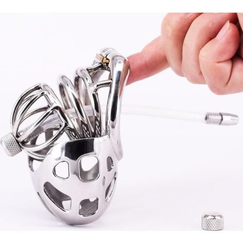 Male Cock Cage Stainless Steel Arc Penis Ring Metal Chastity Devices With Urethral Catheter Stealth Locks Scrotum Bondage Gear