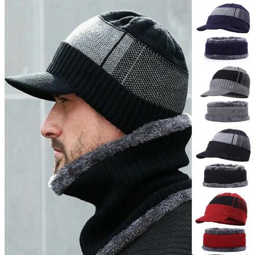 Men Winter Warm Hat Knit Visor Fleece Lined Cap Soft Breathable with Scarf Loops Set NYZ Shop