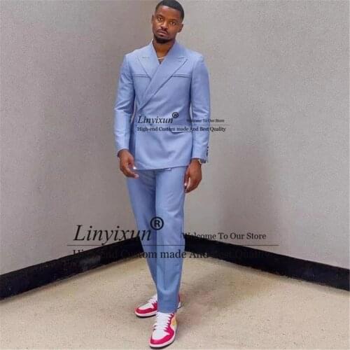 Fashion Sky Blue Men Suits Slim Fit Wedding Prom Terno Masculino Groom Tuxedos Blazer 2 Piece Jackets Pants Costume Homme