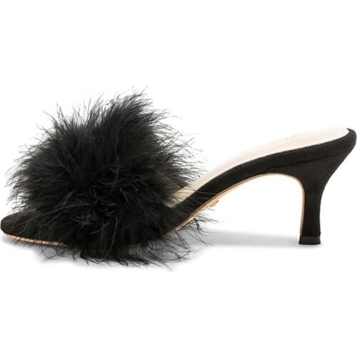 New Fashion Women Slippers Summer Autumn Fluffy Fur Women Mules Round Open Toe Sandals 6.5 Cm Stiletto Heel Slippers