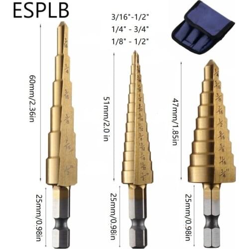 ESPLB 3pcs High Speed Steel HSS Titanium Step Drill Bit Set Quick-change 1/4" Hex Shank 3/16"-1/2" 1/4" - 3/4" 1/8" - 1/2"