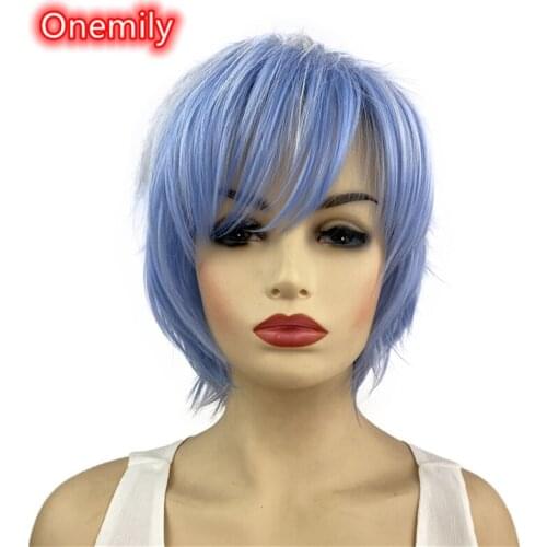 Onemily Short Straight Heat Resistant Synthetic Hair Costume Wigs for Women Girls Theme Party Evening Out Dating Fun Blue