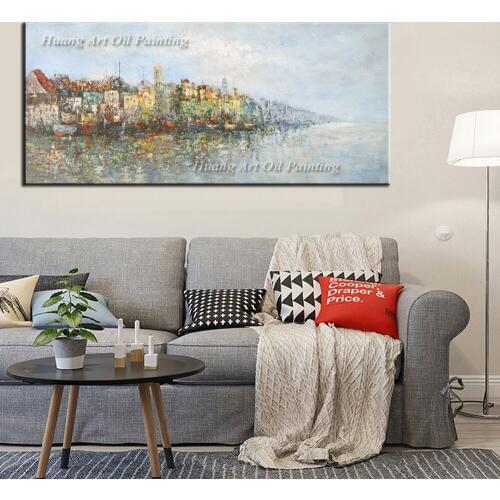 Wholesale Handmade Sea Building Painting Simple Oil Painting Wall Art for Living Room Decor European Landscape