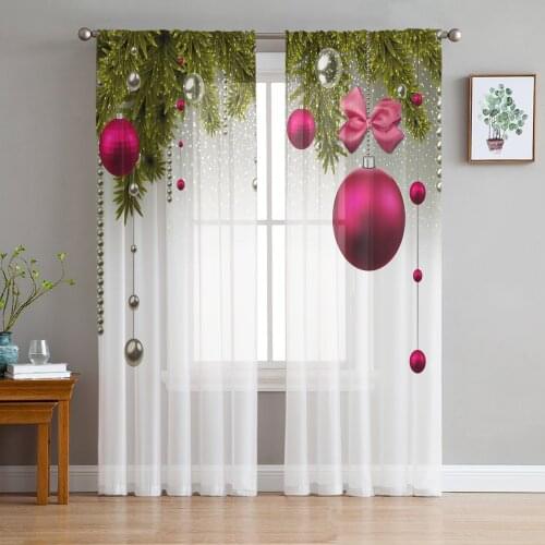 Christmas Bow Ball Christmas Tree Tulle Curtains for Living Room Decoration Modern Chiffon Sheer Voile christmas curtains