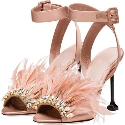 Sexy Feather Bling Rhinestone Embellished Peep toe Sandals Cup Heels Women Satin Ankle Strap Crystal Princess Beauty Sandals