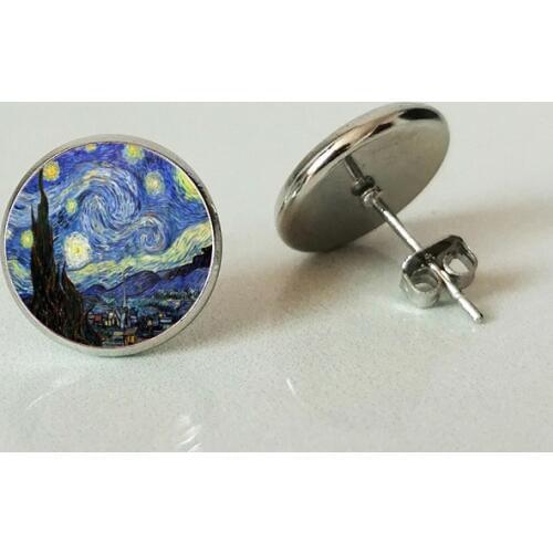 Fashion Silver Color Simple Style Earings Van Gogh Famous Artist Starry Night Stud Earrings Glass Cabochon Jewelry Women Gifts