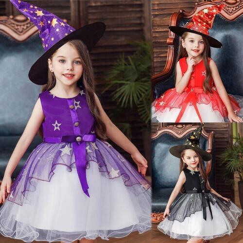 Toddler Kids Girls Floral Star Pattern Princess Halloween Party Tulle Dress+Hat