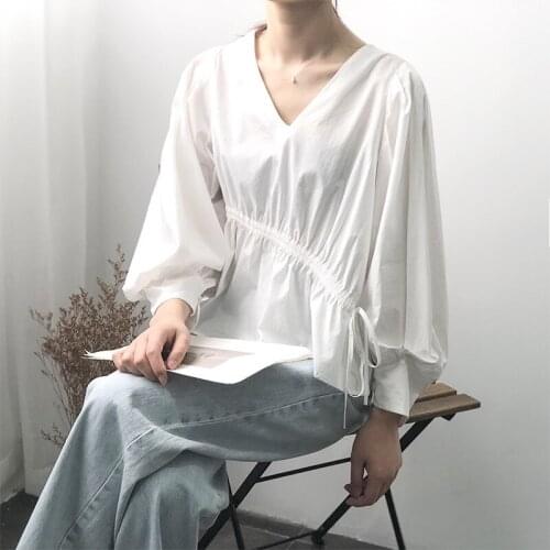 2020 Women Long Sleeve Cototn White V-Neck Lace-Up Design Womens Tops And Blouses Summer Shirt Blusas Roupa Feminina