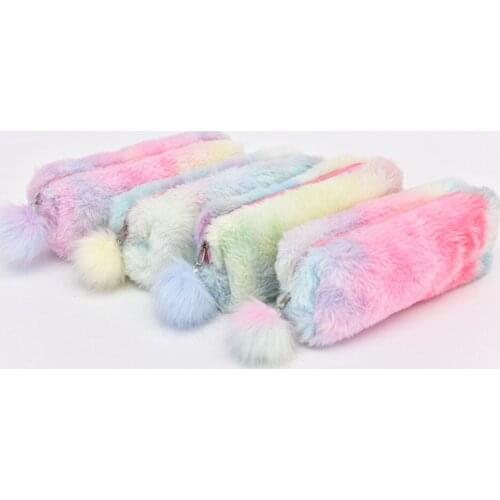1pc Gradient Color Plush Pencil Bag with Pendant Kawaii Stationery Cosmetic Brush Storage Box Cute Korean Stationery