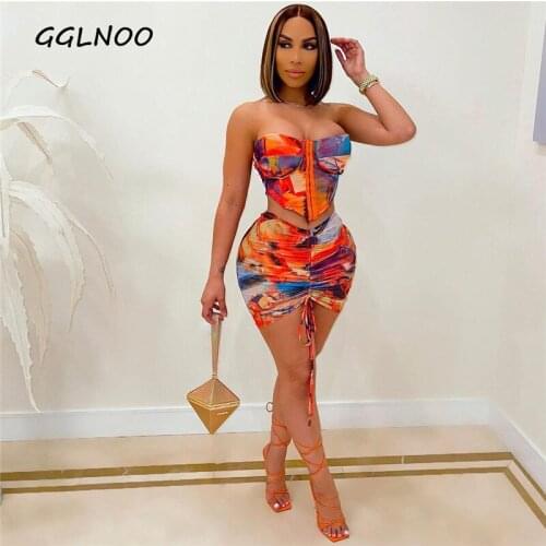 GGLNOO Cutubly Printing 2 Piece Skirt Sets New Pleated Mesh Women Mini Skirt Set Strapless Top Lace Up Fashion Summer Skirt Set