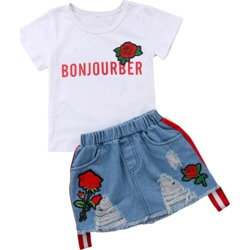 2018 Fashion Toddler Newborn Baby Girl Clothes Cotton Flower Tops T-shirt Floral Skirts Denim 2pcs Children Clothes 1-6Y