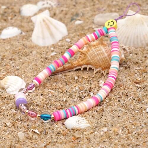 2021 Trendy Colorful Soft Pottery Mobile Phone Chain Bohemia Beach Beaded Strap Lanyard Girls Cute Phone Case Hanging Cord Gift
