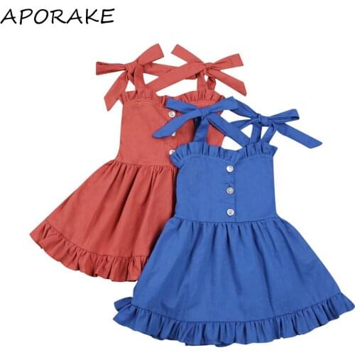 2021 3-24M Kids Suspender Dress Girls Solid Color Bow Slip Pleated Dress Sleeveless Sundress for Summer Spring Orange/Blue