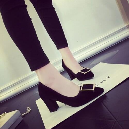 2021 spring and autumn new Korean womens single shoes versatile shallow mouth thick heel pointed square buckle high heels