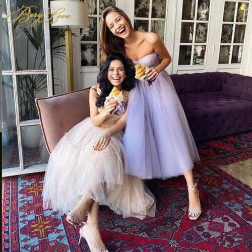 Berylove Lavender Tulle Prom Dresses Sweetheart Vintage Evening Dress Tea Length Strapless Party Gown Bridesmaid Vestido