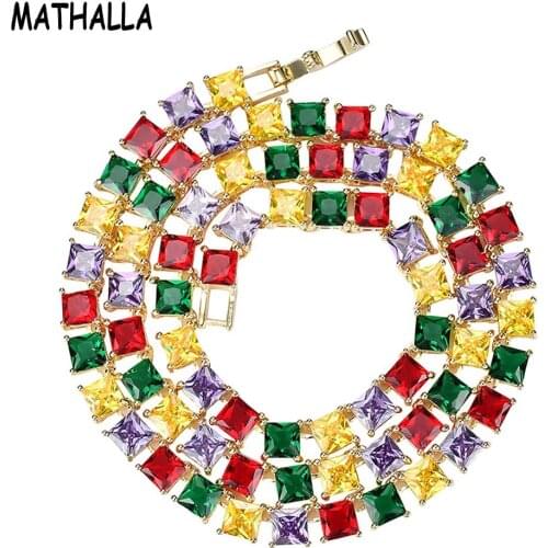 MATHALLA 6mm Colorful Zircon Tennis Chain Ice Out Square Zircon Gold and Silver Necklace Hip Hop Mens and Womens Accessories