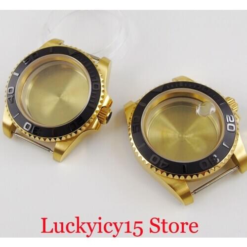 Gold Coated Automatic Men Watch Case for NH35 NH36A Black Brush Insert Sapphire Glass Rotaitng Bezel Screw Back
