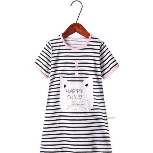 Black White Stripe Cat Print Cotton Nightdress Girl Pajamas Dress Children Cartoon Summer Nightgown Home Clothes Kids Sleepwear