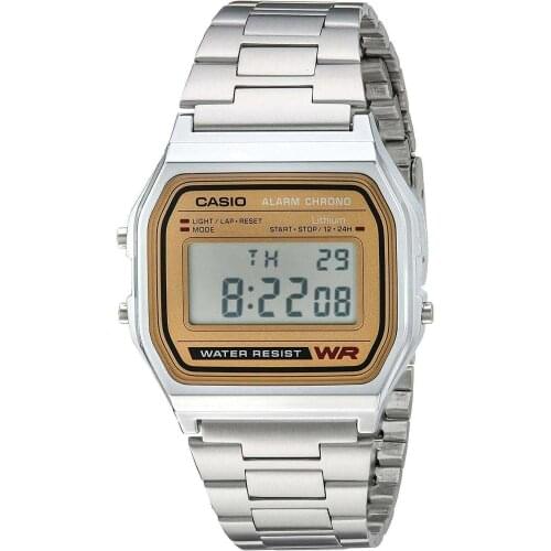 Casio collection digital watch A158WEA-9CF dial gold plated steel strap