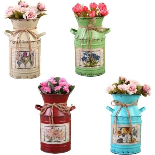 Idyllic Rustic Flower Arrangement Bucket Iron Vintage Flower Vase Planting Jug Shabby Chic Home Gardening Decoration Metal Flow