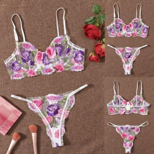 Rose Embroidery Lace Bra Brief Sets Sexy Lingerie Women Underwear Set Cupless Lace See Through Lenceria Sensual Mujer Erotic Hot