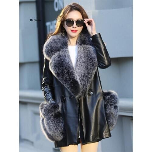 PU Leather Jacket Sheepskin Leather Jacket Fox Fur Collar Female Jackets 90% White Duck Down Womens Coats Chaqueta