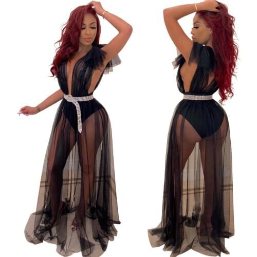 Echoine Summer Sheer Mesh Black White Beach Long Maxi Dress V-neck See Through Frill Night Club Sexy Party Dress