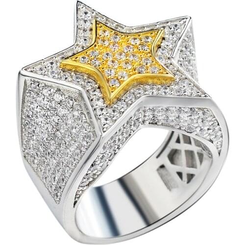 OTIY S925 Hip Hop Five Star Rings Mens Gold Silver Color Iced Out Cubic Zircon Jewelry Ring Gifts mens ring