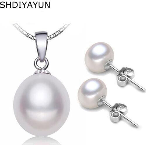 SHDIYAYUN Fine Pearl Jewelry Set Natural Freshwater Pearl Necklace Earrings Classical 925 Sterling Silver Jewelry Set For Women