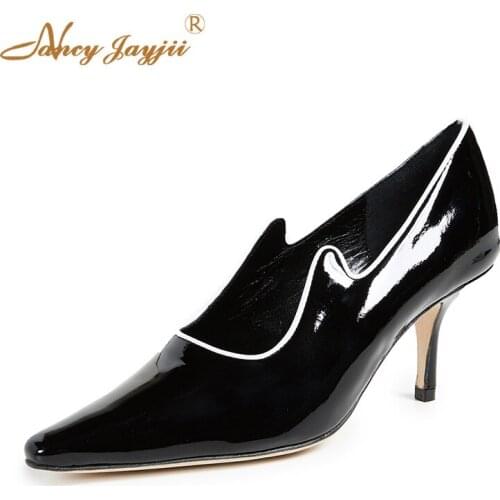 Groupie Jazz Black Patent Leather Woman Pumps Wing-effect 6cm Heel Ethnic Classic Fashion Autumn Pointed Toe Mules Size 9 10 11