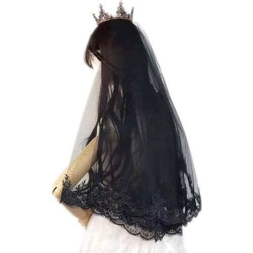 Single Layer Women Girls Cover Face Mantilla Black Wedding Veil Embroidery Eyelash Floral Lace Trim Halloween Cosplay Costume