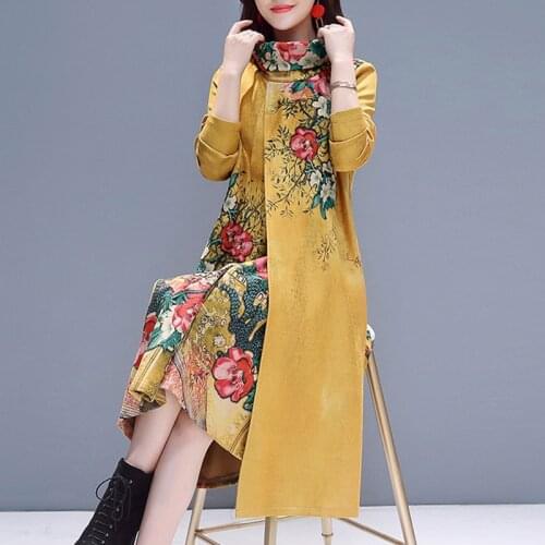 Fall Spring Vintage Woman Female Yellow Red Black Floral Pattern Loose Dress , Casual 4xl Flower Turtleneck Dresses for Women