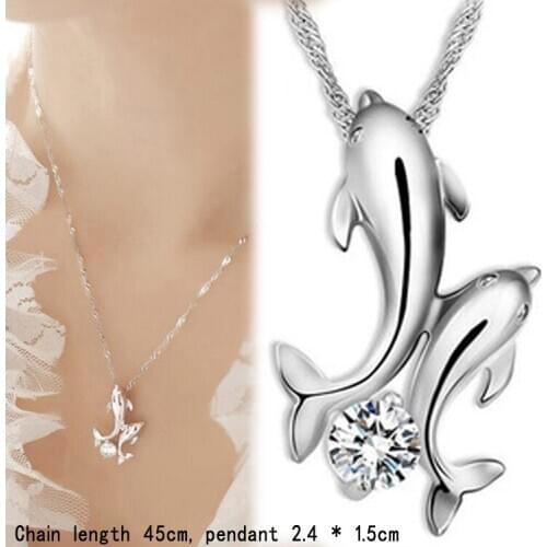 Korean Style Fashion Crystal Sweet style Double Dolphins Pendant Necklace For women Gift & Party Jewelry Findings